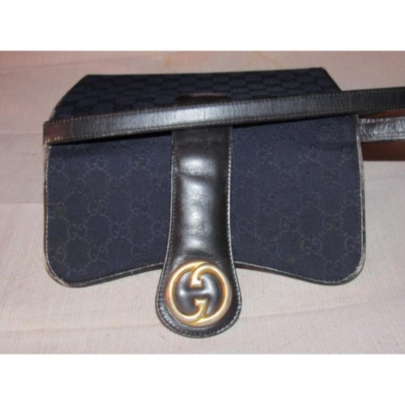 Gucci RARE BOHO Deep Blue 2-Way Clutch G Logo Print Canvas & Black Leather - Picture 11 of 12